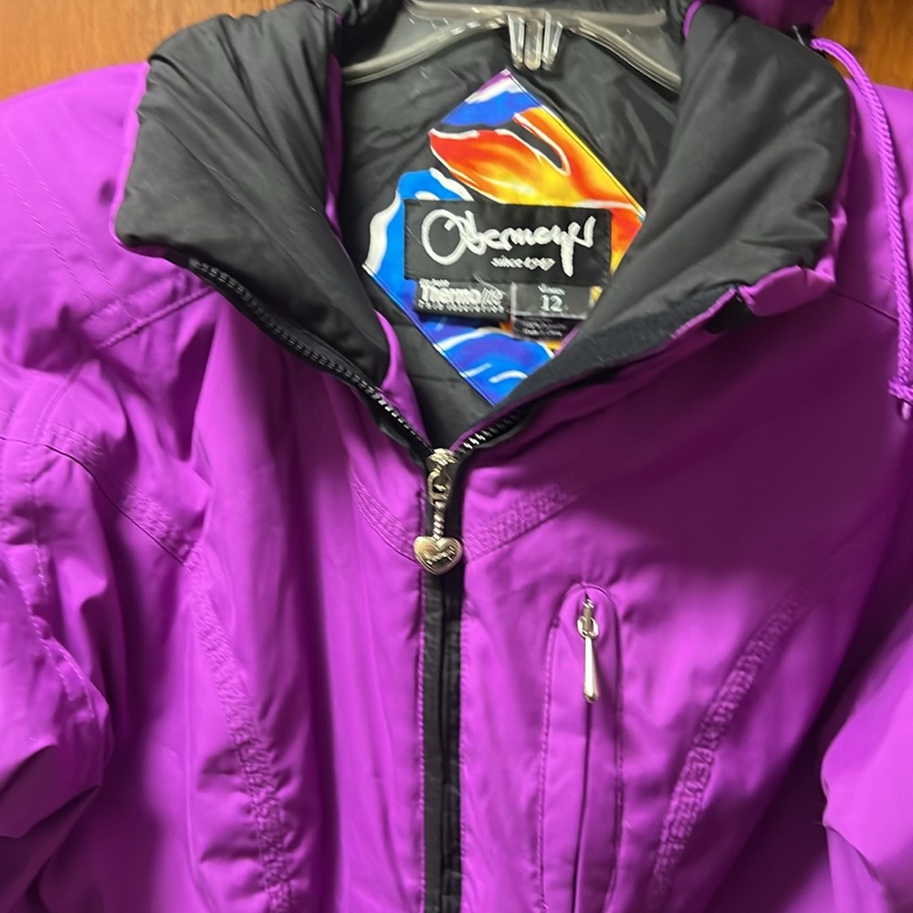 Obermyer Dynamic Ski coat Purple with black Size 12 lots of zipper pockets. EUC